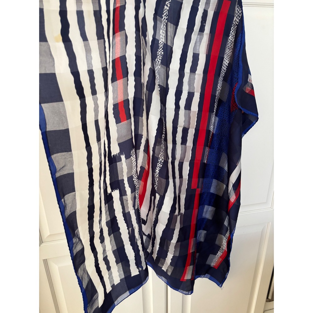 Valentina Scarf Red White Navy Blue Geometric Stripe Check Sheer Lightweight